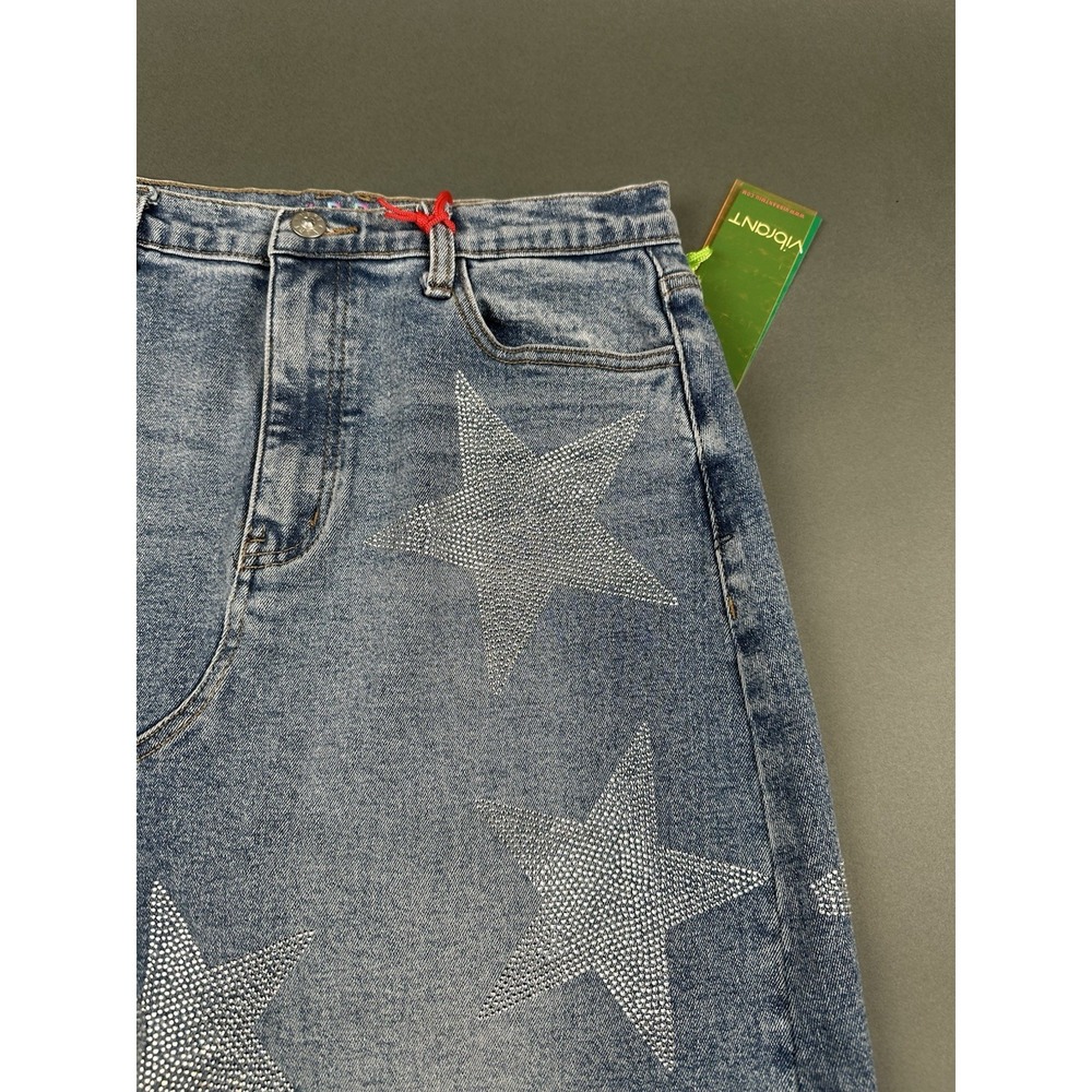 Vibrant VBRT Boot Barn Metallic Stars Rhinestone Denim Jean Women's M Skirt NEW - Picture 3 of 16